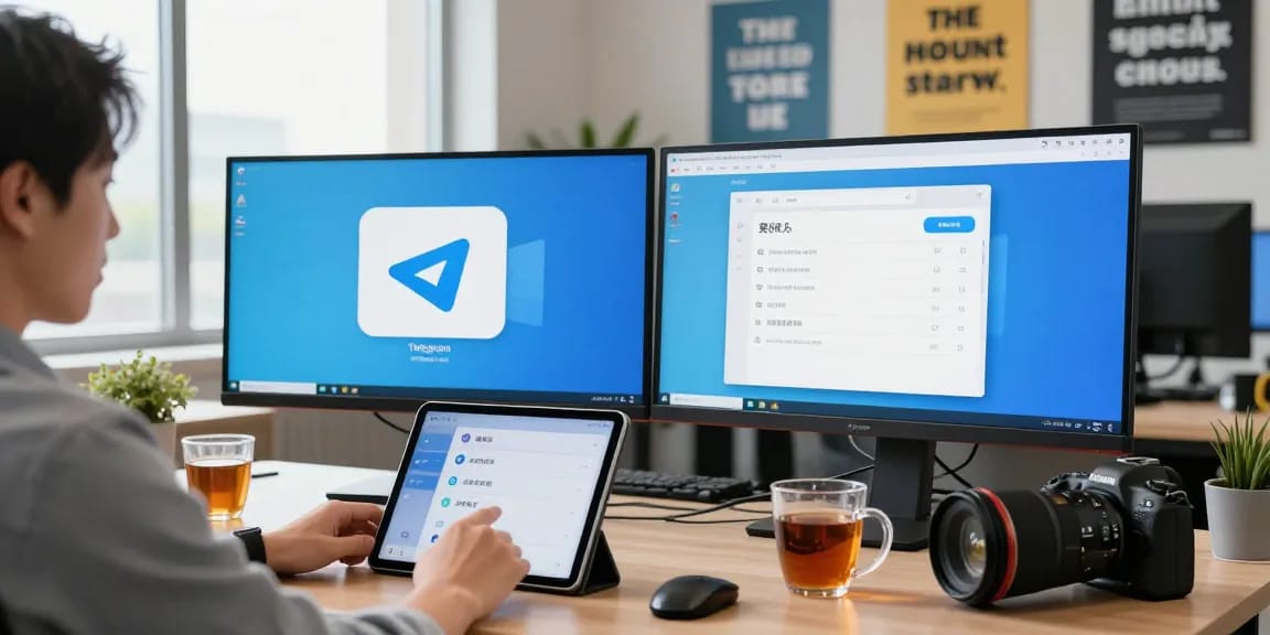 Setting up Telegram Chinese interface in a modern office setting with tech devices.