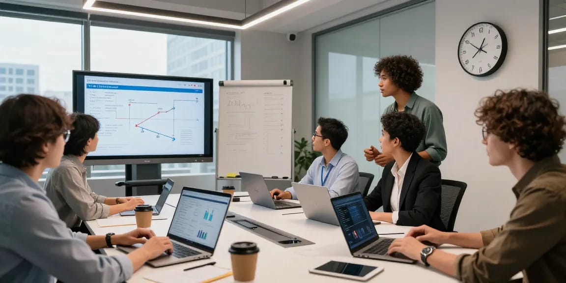 Professionals collaborating around a conference table on the WPS Official Website project, showcasing teamwork and productivity.