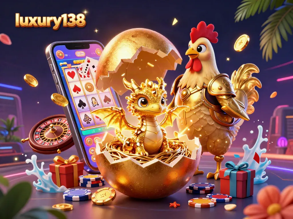 Win big at luxury138 with a thrilling scene of a golden dragon and slot game excitement.