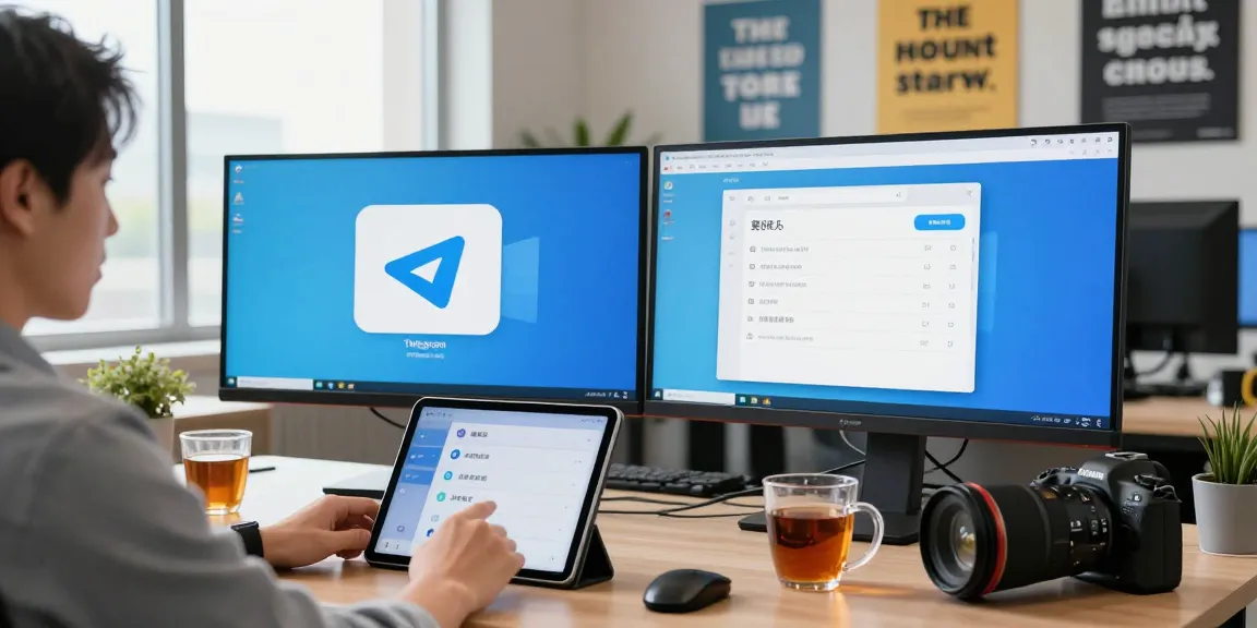 Setting up Telegram Chinese interface in a modern office setting with tech devices.