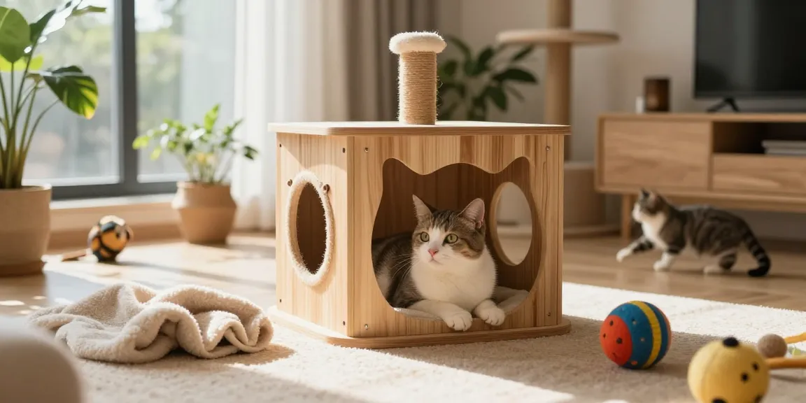 Cozy cat condos provide a safe and playful environment for cats, showcasing comfort and style in a modern living room.