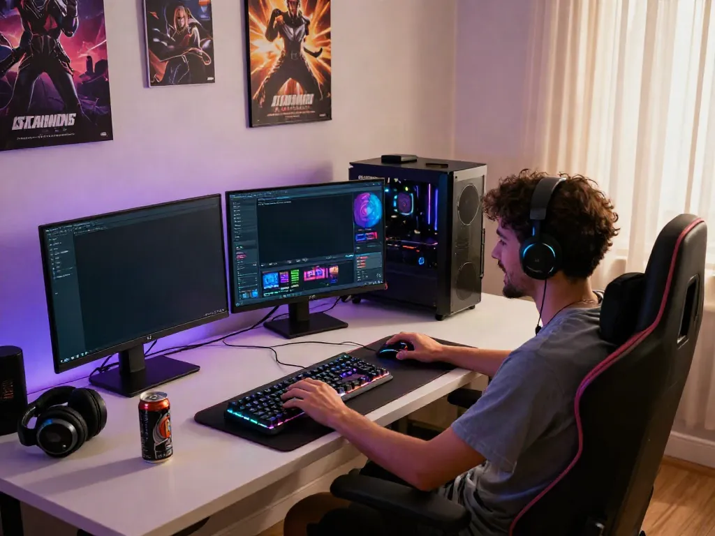 Engaging gaming setup featuring situs rokok88 with mechanical keyboard, RGB lights, and dual monitors.
