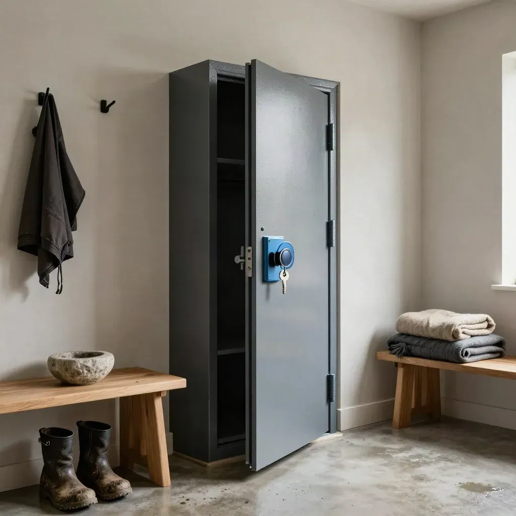 Wall safe and vault door edge in a mudroom with boots, blankets, and rain-damp light.