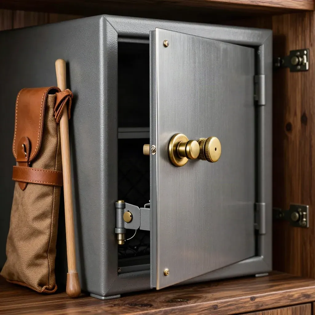 Macro of a gun safe door halfway open with brass hinge, leather sling and canvas case in soft cabin light.