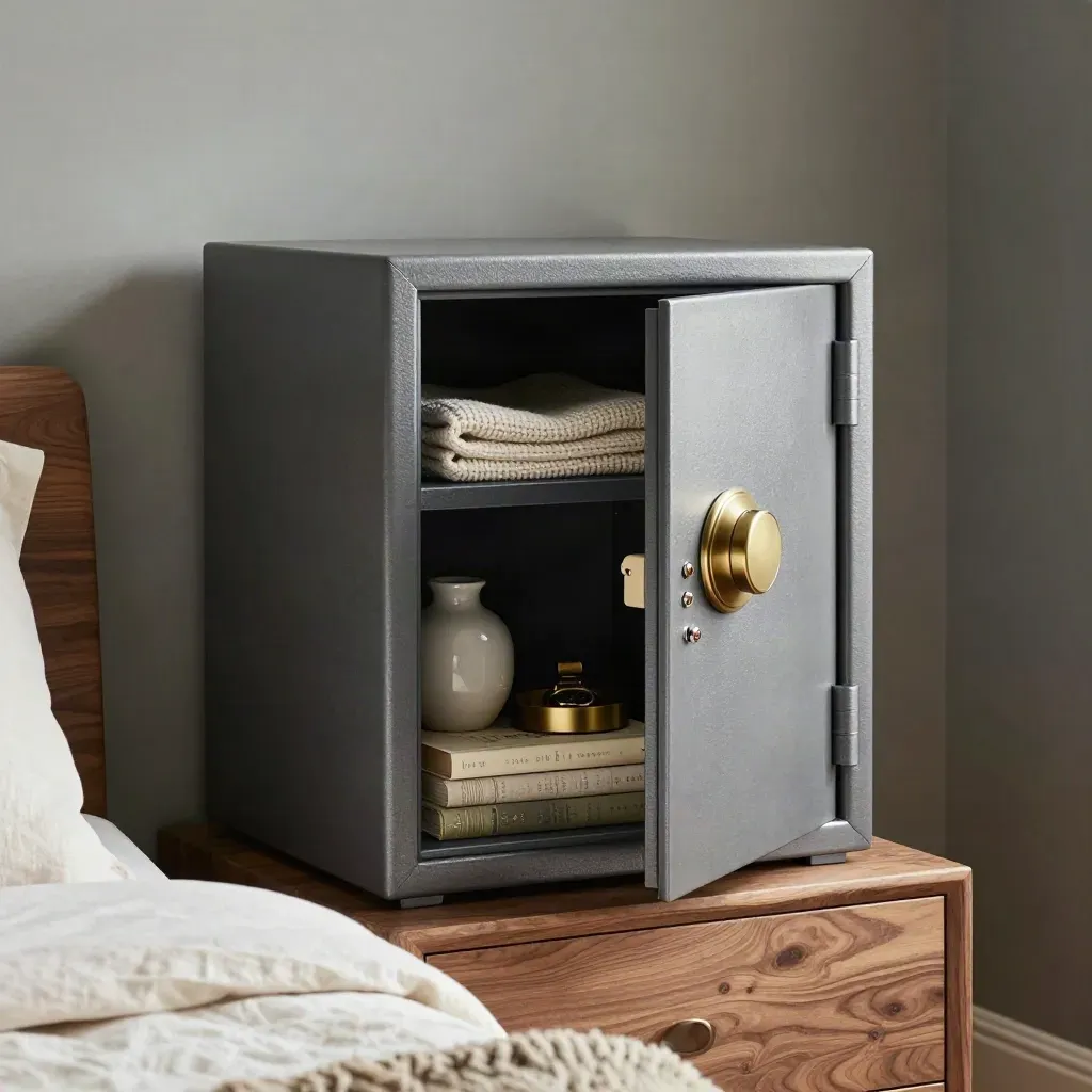Bedroom wall safe ajar beside a walnut nightstand, lamp, knit throw, watch tray and books.
