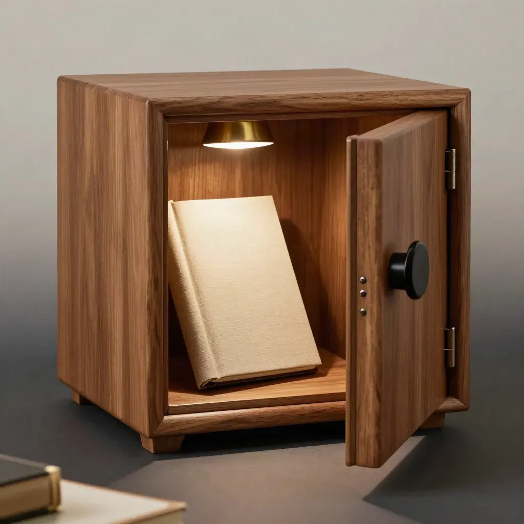 Cedar bookshelf hidden safe opening beside a ledger and brass reading light