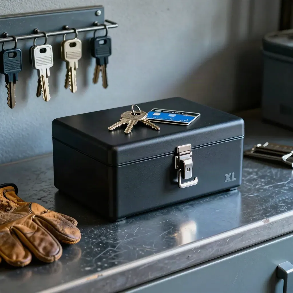 Lockbox closing on keys and cards beside glove, tags, and key rack in a garage