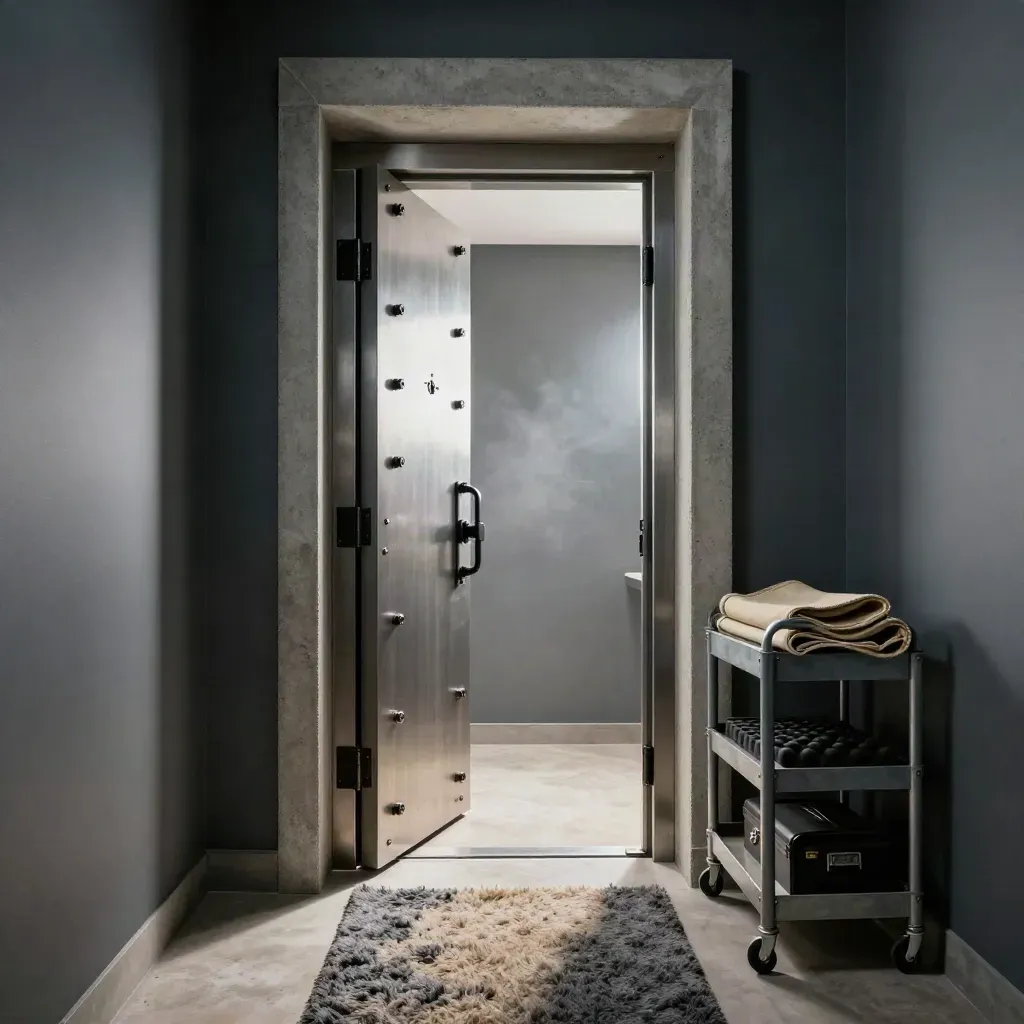 Open Titan Vault Door at the end of a safe-room corridor with runner, tool cart, and drifting dust.