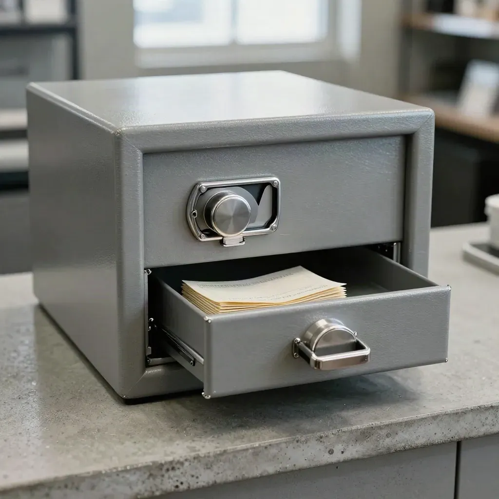 Compact cash safe with coin tray and till insert on a concrete counter