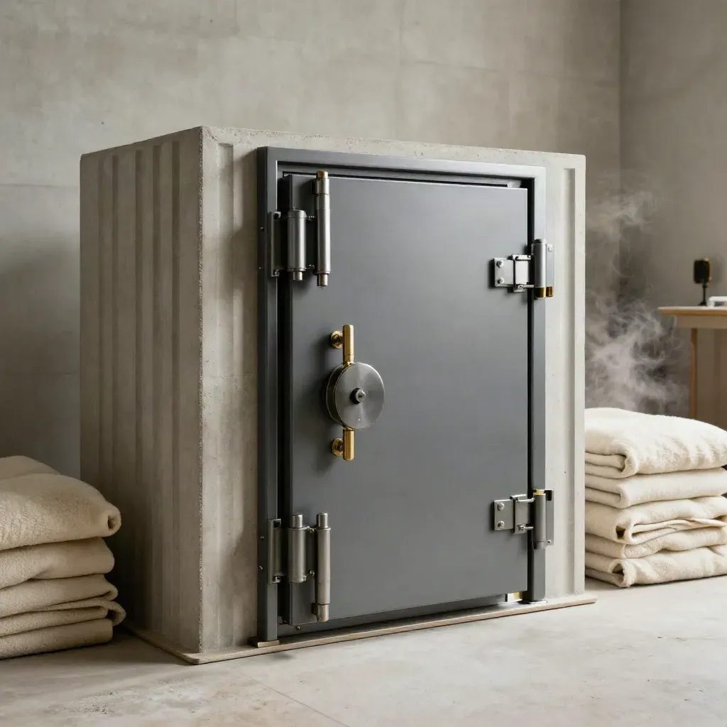 Vault door and wall safe kit in a finished safe room with blankets and brass hardware.