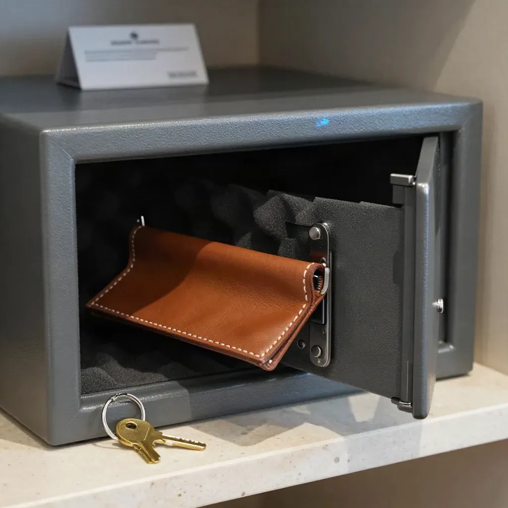 Open pistol safe on travertine shelf with watch tray and brass key ring