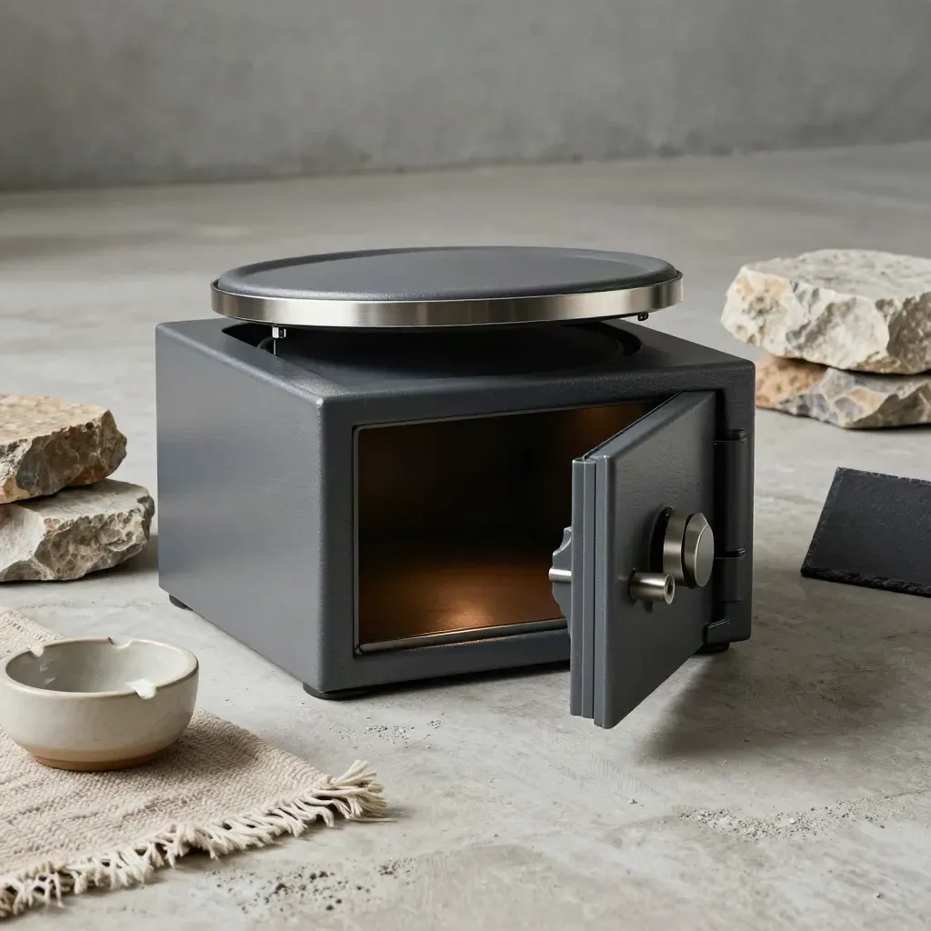 Floor safe rising from concrete slab with ash bowl, wool rug edge, stone, and drifting haze.