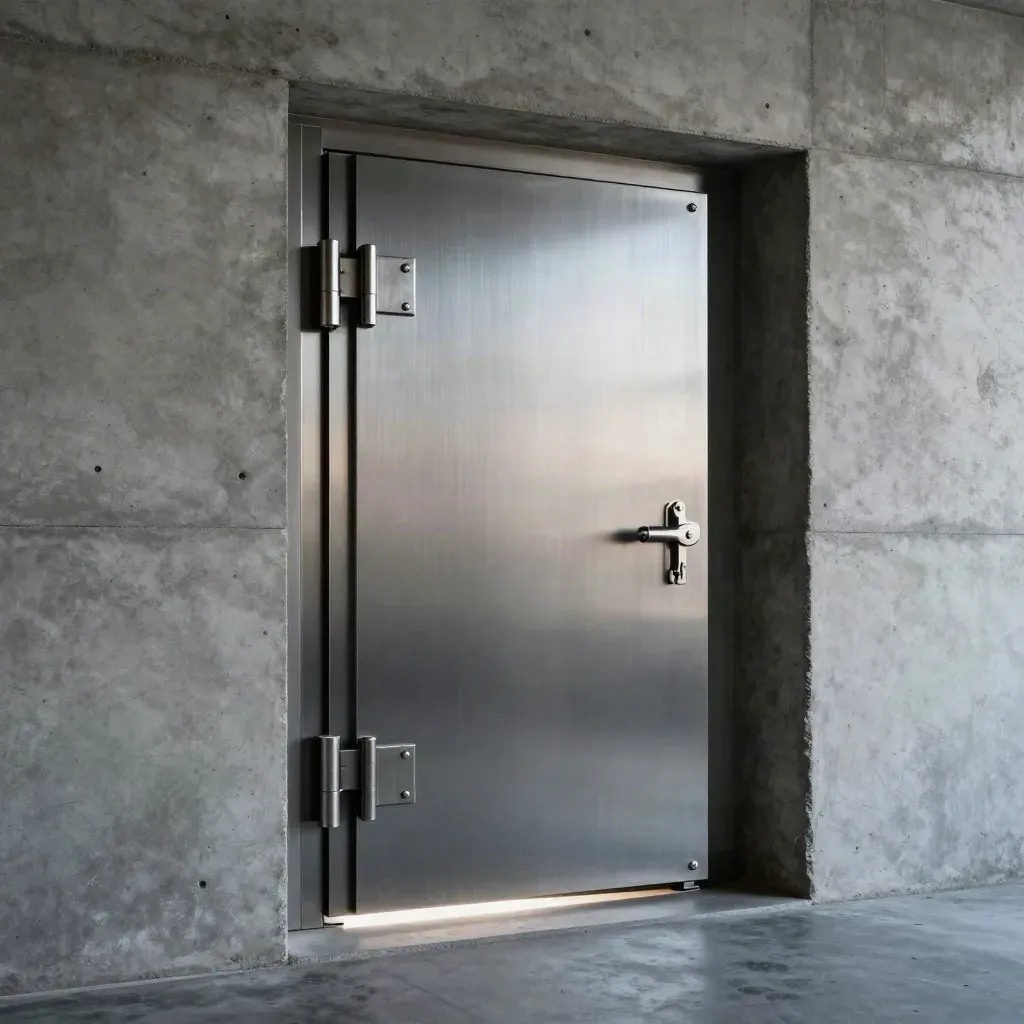 Heavy vault door kit leaning into a concrete safe-room opening with dust and cool rim light.