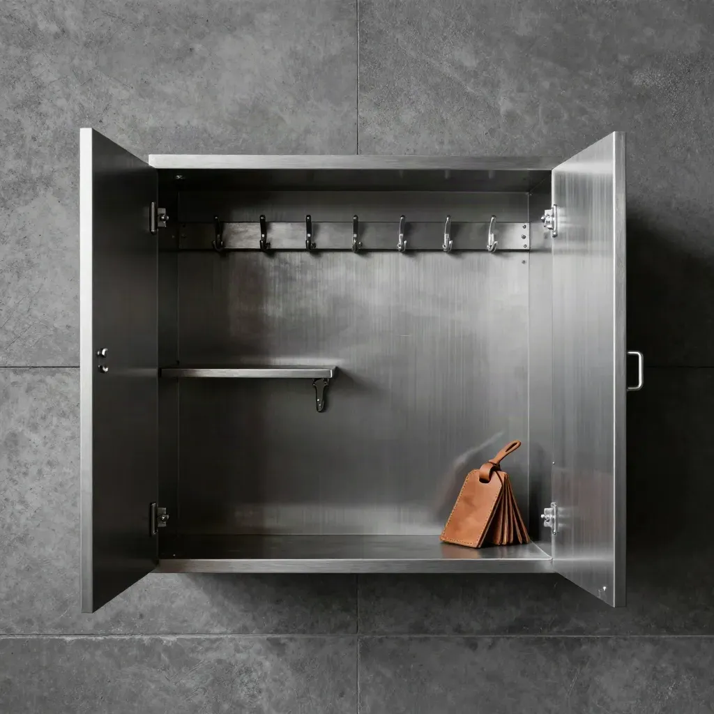 Open steel key cabinet with hook rail, leather tags, and small shelf on graphite concrete.