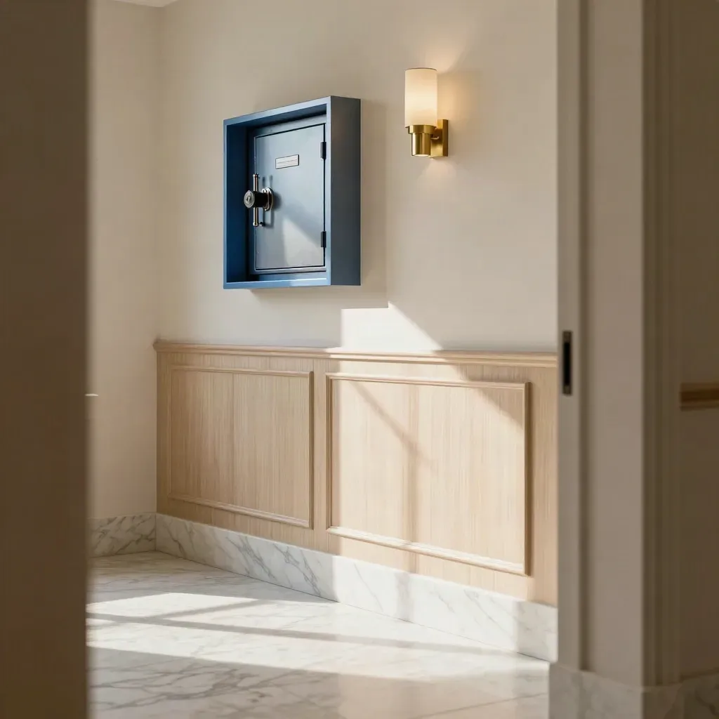 Sunlit marble hallway with a recessed wall-safe niche and pale oak paneling