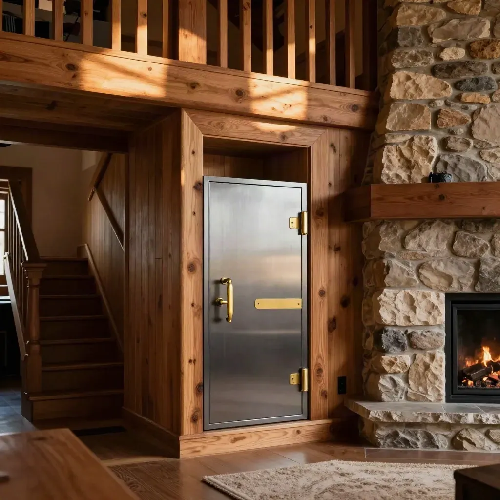 Cedar lodge interior with recessed gun safe, fireplace glow, and stairs rising upward.