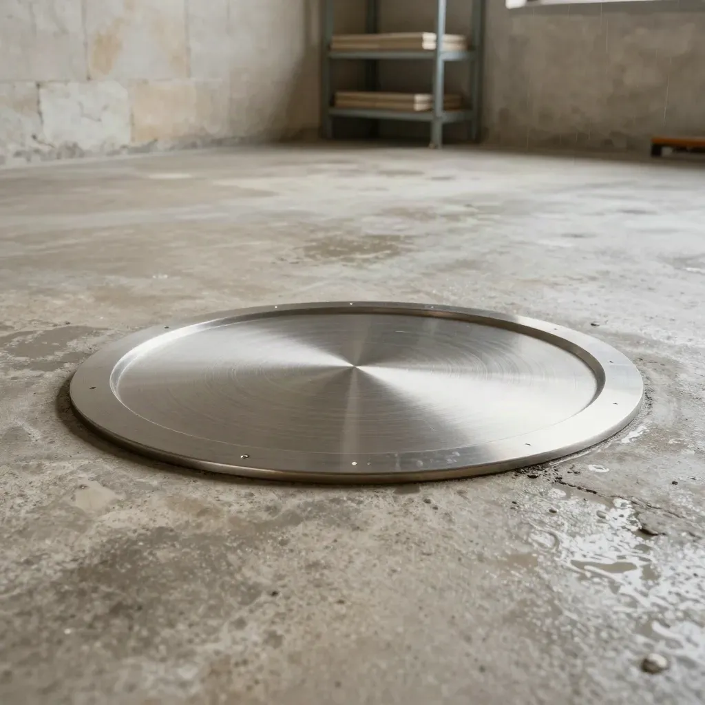 Rain-dark concrete floor with a circular floor-safe hatch under misty storm light