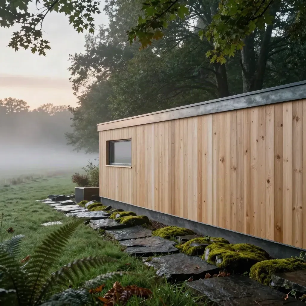 Maple woodland edge, hidden-storage cabin wall, mossy slate stones, misty open foreground