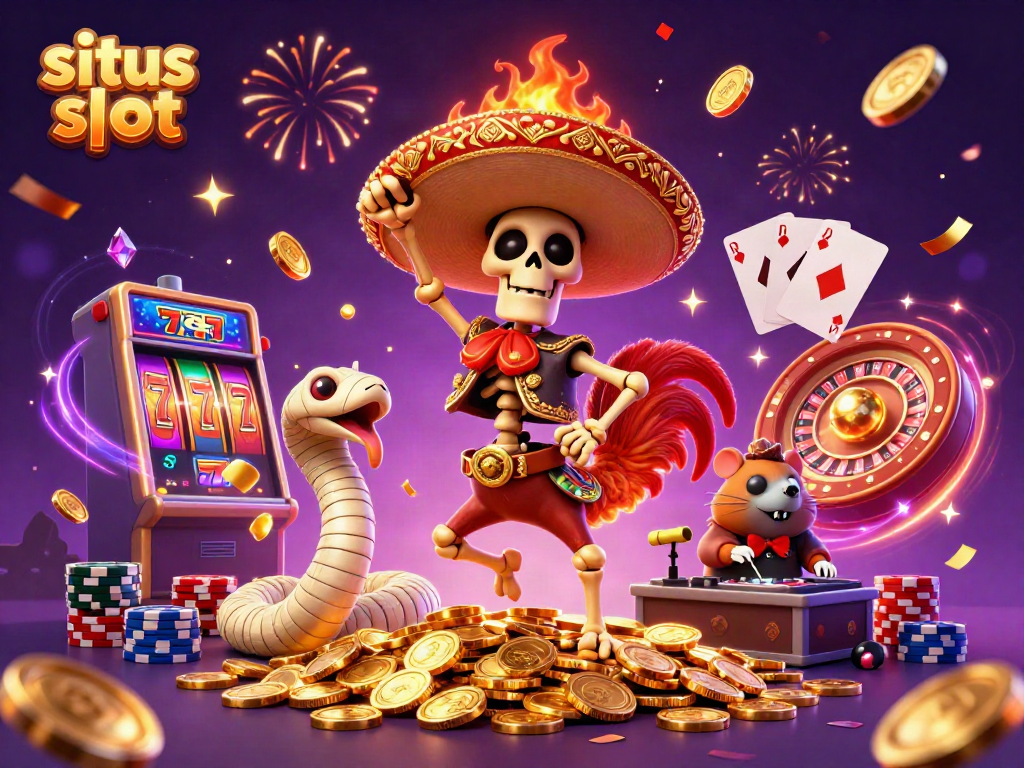 Engage in exciting games at situs slot with festive 3D characters dancing among golden coins and jackpots.